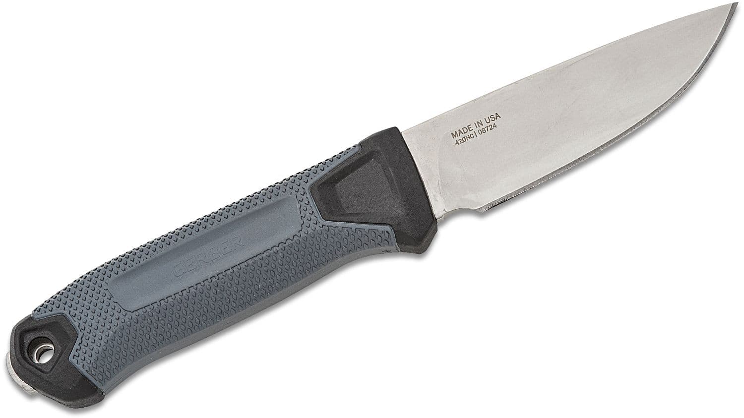 Gerber StrongArm Camp Fixed Blade Knife 3.81" 420HC Stonewash Plain Drop Point Blade, Gray Glass Filled Nylon Handles, MOLLE Multi-Mount Sheath - 1069216