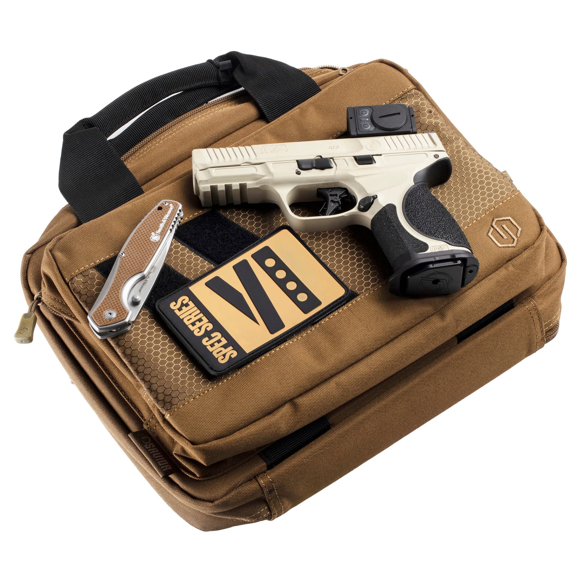 Smith and Wesson Spec Series VI M&P 2.0 Metal Compact 9mm 4in Barrel 15+1(3) with Aimpoint ACRO P-2 Red Dot Sight, Savior Bag, Carry Belt, Knife, and Patch Champagne