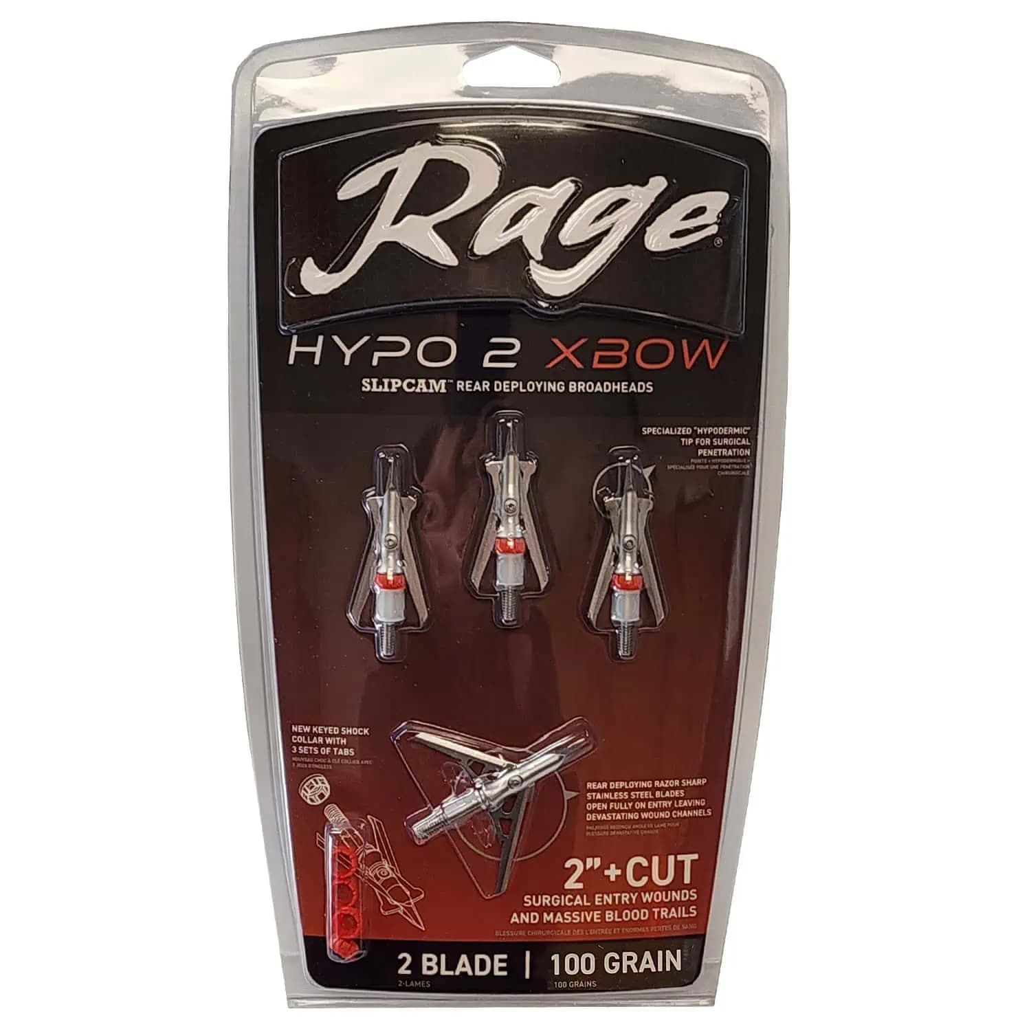Rage Broadheads 2 Blade Hypo 2 Crossbow 2″ Expandable Cut Hypodermic 100 Grain 4 Pack R60002
