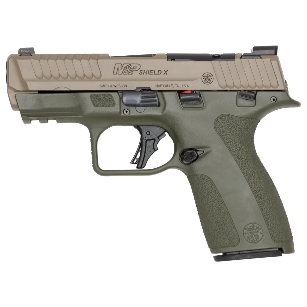 Smith and Wesson M&P Shield X 9mm FDE & OD Green Optics Ready Thumb Safety 14793