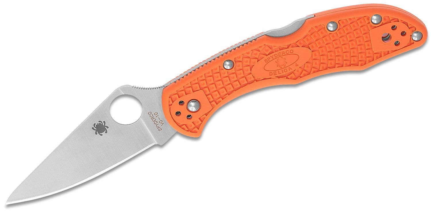 Spyderco Delica 4 Flat Ground 2-7/8" VG10 Satin Plain Blade, Orange FRN Handles, Lockback - C11FPOR