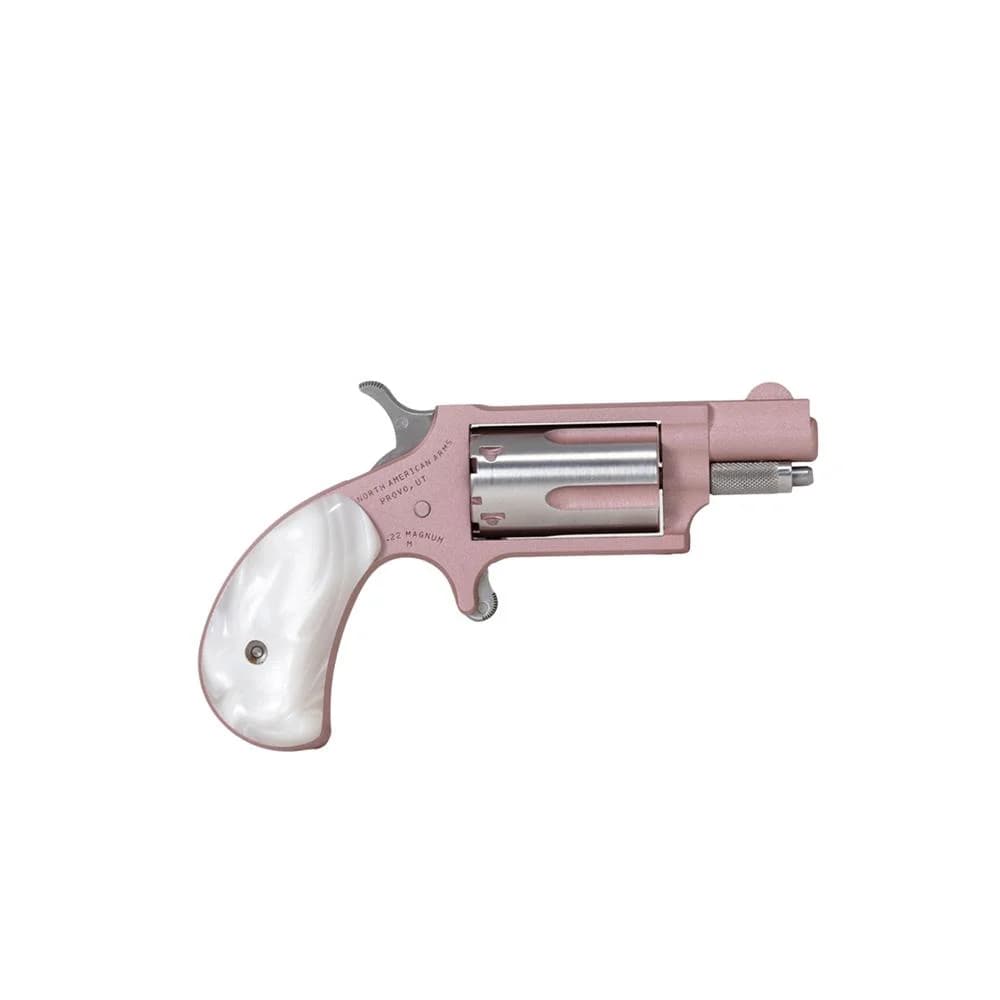 NAA 22M Rose Handgun .22 WMR 5rd Capacity 1.13″ Barrel Bird Head Pearl Grip Pink Cerekote